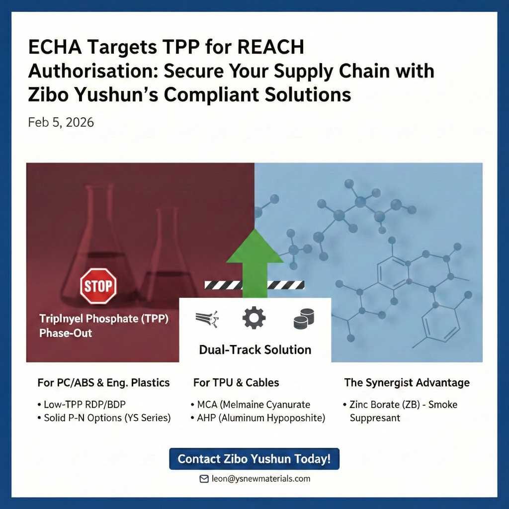 Comparison of Triphenyl Phosphate (TPP) phase-out vs Zibo Yushun's compliant Low-TPP RDP, BDP, MCA, and AHP flame retardants.
