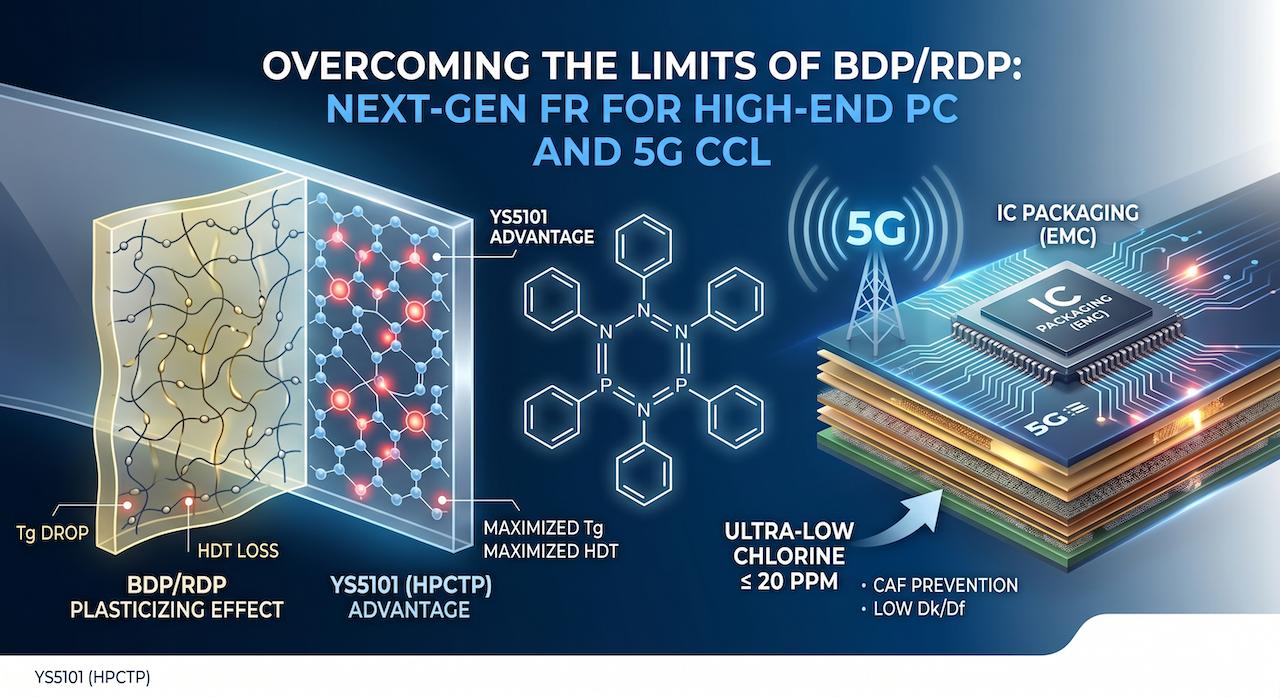 Technical infographic demonstrating how YS5101 HPCTP flame retardant overcomes the plasticizing effect of BDP and RDP. It highlights maximized Tg and HDT for PC plastics, and ultra-low chlorine for 5G CCL and IC packaging." Why it works: It tells Google exactly what the image is about while naturally weaving in your most important keywords (HPCTP, BDP, RDP, plasticizing effect, 5G CCL, Tg).